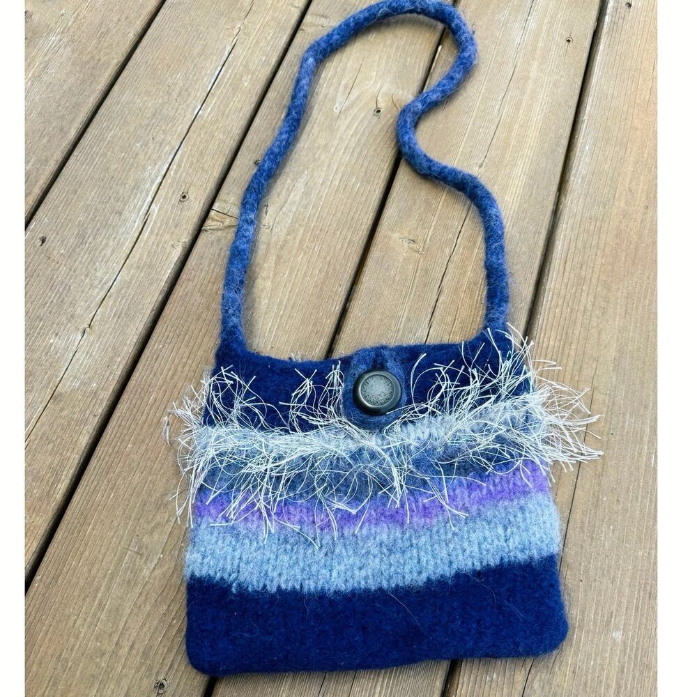 NEW Handmade Funky Cute Felted Wool Square Purse Crossbody Bag - Blue Stripes